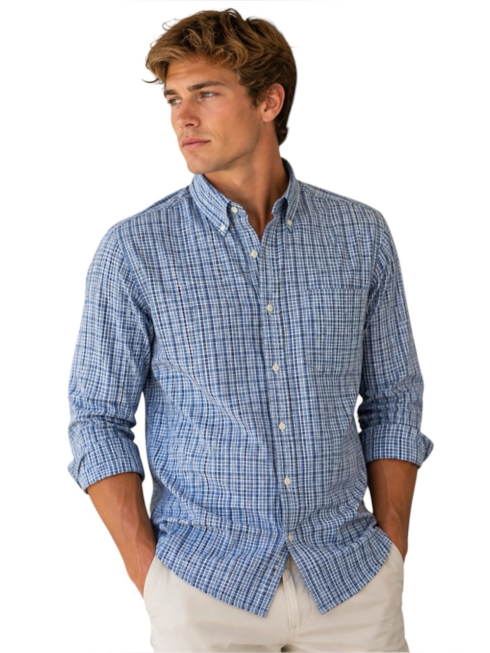 Roundtree & Yorke Plaid Button-Down Shirt Blue Men’s XLT Office Dadcore